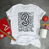 Third Grade Typography Word Art Sublimation Transfer, white T-shirt with black playful text and graphics design for third grade level.