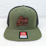 I Like It When She Bends Over Leather Hat Patch, green and black trucker style snapback hat with embroidered patch on front