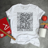 Special Education Teacher Typography Word Art Sublimation Transfer T-Shirt, white shirt featuring a creative typography design with the words SPED and SPECIAL EDUCATION in black.
