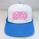 SAVED PUFF Hat/Pocket Screen Print Heat Transfer, blue and white trucker hat with pink embroidered SAVED text on front panel.