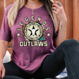 Legend Outlaws DTF Heat Transfer, colorful graphic T-shirt with a buffalo skull and stars design.