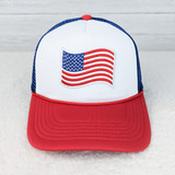 Embroidered American Flag HAT/POCKET Patch, baseball cap featuring an embroidered American flag patch on the front panel with a white background, red brim, and blue accents.