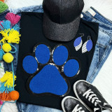 Dog Paw Blue Chenille Patch, large blue paw print embroidered patch with black sequined border for clothing or accessories.