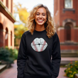 Baseball Lips Chenille Patch, embroidered patch featuring a baseball and lips design on black sweatshirt.