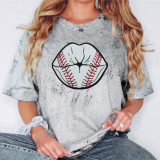Baseball Lips Chenille Patch, a patch featuring a baseball designed as lips on a distressed grey t-shirt worn by a woman.