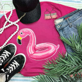 Pink Flamingo Floaty Sequin Patch, colorful inflatable flamingo patch on pink T-shirt.