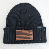 Gun American Flag Leather Hat Patch, black knitted beanie cap with a brown leather patch featuring a American flag and guns design.