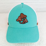 Mushrooms Leather Hat Patch, turquoise baseball cap with brown mushroom patch embroidery on front