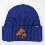 Mushrooms Leather Hat Patch, blue knitted beanie with mushroom leather patch decoration.