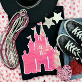 Pink Castle Sequin Patch, sparkly pink castle shaped patch with colorful sequins.