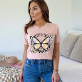 Mama Butterfly DTF Heat Transfer, pink T-shirt with butterfly and floral design.