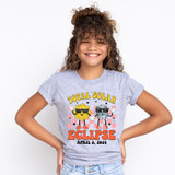 Total Solar Eclipse Retro DTF Heat Transfer, a colorful cartoon design of the Sun and Moon characters wearing sunglasses with text, commemorating the April 8, 2024 eclipse.