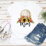 Floral Volleyball Mom Sublimation Transfer, white T-shirt with a floral volleyball and sunflower design print.