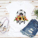 Floral Soccer Mom Sublimation Transfer, white T-shirt with soccer ball, sunflower and floral design for moms.
