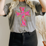 Glitz Pink Cross DTF Heat Transfer, vibrant pink cross with colorful glitter accents and explanatory design elements.