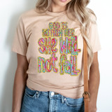 God Is Within Her She Will Not Fail DTF Heat Transfer, colorful inspirational text print on beige T-shirt.