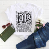Assistant principal typography sublimation transfer, white T-shirt with black outline text design for school staff.