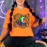 Beetlequack DTF Heat Transfer, colorful cartoon duck with green hair and striped scarf on orange T-shirt, vibrant Halloween-themed design.