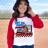 Buy Me Some Peanuts DTF Heat Transfer, a colorful design featuring peanuts, cracker jacks, and a baseball scene on a woman's shirt.