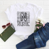 Nurse typography Sublimation Transfer, white T-shirt featuring a black and white nurse-themed design with a large letter 'N' and various nurse-related icons and words.