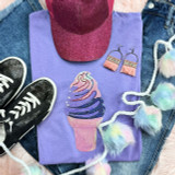 Ice Cream Cone YOUTH Sequin Patch, colorful sequin embroidered ice cream cone on purple t-shirt with casual sneakers, denim jeans, pink cap, and fluffy pastel pom-pom string accessory, fashionable streetwear style for youth.