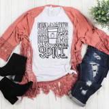 Pumpkin Spice typography Sublimation Transfer, a printed design featuring a coffee cup and the word 'SPICE' surrounded by various 'pumpkin' texts on a white t-shirt.