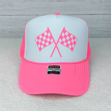 Neon PINK Checkered Flags Hat/Pocket Screen Print Heat Transfer