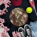 Spangled SOFTBALL Transfer, glittering gold softball design on black fabric with red stitching detail.