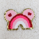 Mouse RAINBOW Glitter Chenille HAT/POCKET Patch, colorful rainbow-themed embroidered patch with pink, red, and white chenille, outlined with gold glitter on a white textured background.