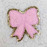 Pink Ribbon BOW Glitter Chenille HAT/POCKET Patch, embroidered pink bow with glittery gold border.