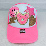 Pink Sequin Happy Face HAT/POCKET Patch, pink cap with colorful sequin patches of smiley face, star, heart, and bear designs.