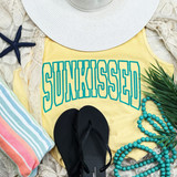 Sunkissed Turquoise PUFF Screen Print Heat Transfer, Tropical summer beach scene with yellow tank top, black flip-flops, large sunhat, seashell, starfish, and turquoise beads and leaves.