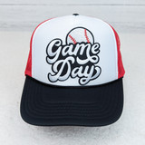 Oversized Game Day Baseball Hat with Embroidered Patch, black and white trucker cap with red mesh sides and a baseball graphic with red stitching on the front.