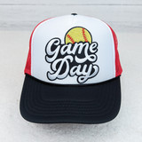 Oversized Game Day Softball Hat with Pocket Embroidered Patch, baseball-themed embroidery, red mesh sides, and adjustable black brim.