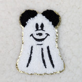 Mouse Ghost Glitter Chenille HAT/POCKET Patch, a fluffy embroidered patch featuring a cartoon mouse with glitter accents and a smiling face, designed for clothing or accessories.