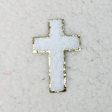 WHITE CROSS Glitter Chenille HAT/POCKET Patch, decorative white chenille cross patch with glittery gold border for clothing or accessories.