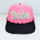 Black Natural Stone Hat Chain, pink and black baseball cap with embellished pearl and rhinestone 'Baby' text design