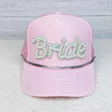 Silver Leaf Hat Chain, decorative chain with leaf design attached to a pink baseball cap with pearl embellishments.