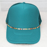 Colorful Chevron Gold Hat Chain, vibrant gold hat chain with colorful chevron design draped across front of a teal cap.
