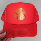Spangled SOFTBALL HAT/POCKET Transfer, red trucker cap with a gold glitter softball design on the front