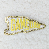 Embroidered & Glitter YELLOW PENNANT Game Day HAT/POCKET Patch, embroidered yellow and white pennant patch with glittery gold border featuring the text 'Game Day' for sports or fan apparel.