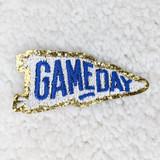 Embroidered & Glitter BLUE PENNANT Game Day HAT/POCKET Patch, rectangular embroidered patch with blue and white design featuring the word 'GAMEDAY' and gold glitter accent border.