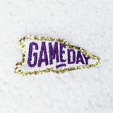 Embroidered & Glitter PURPLE PENNANT Game Day Hat/POCKET Patch, featuring purple embroidered text and a glittery gold border on a white background.