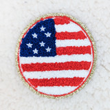 American Flag CIRCLE Chenille & Glitter HAT/POCKET Patch, embroidered American flag patch with chevron stripes, stars, and a glittery border.