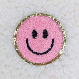 PINK Chenille & Glitter Happy Face HAT/POCKET Patch, pink smiley face with black embroidered eyes and mouth, surrounded by a gold glitter border.