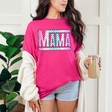Multi-Color Checkered Mama DTF Heat Transfer on a pink T-shirt worn by a woman.