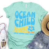 Ocean Child DTF Heat Transfer, colorful summer-themed T-shirt design with ocean and hibiscus flower graphics.