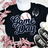 Baseball Navy Game Day Chenille Patch, embroidered navy blue and white patch featuring a baseball, suitable for sports apparel or accessories.