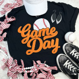 Baseball Orange Game Day Chenille Patch, an embroidered patch with a white baseball and red stitching on a black shirt with 'Game Day' in bold orange chenille lettering.