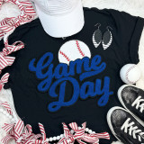 Baseball Royal Game Day Chenille Patch, embroidered patch featuring a baseball and the words "Game Day" in blue with red stitching on the baseball.